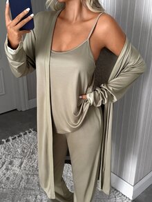 SHEIN Women's Solid Cami Top, Lace Trim Straight Leg Pants And Matching Robe 3 PiecesCasual Pajama Set - Olive Green - View 6