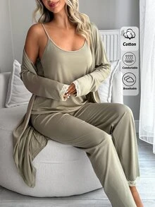 SHEIN Women's Solid Cami Top, Lace Trim Straight Leg Pants And Matching Robe 3 PiecesCasual Pajama Set - Olive Green - View 8