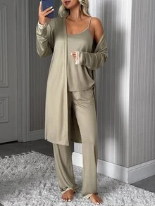 SHEIN Women's Solid Cami Top, Lace Trim Straight Leg Pants And Matching Robe 3 PiecesCasual Pajama Set - Olive Green - View 5