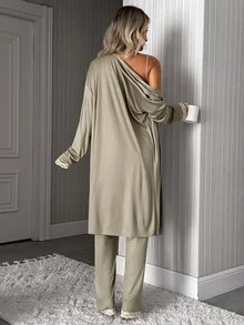 SHEIN Women's Solid Cami Top, Lace Trim Straight Leg Pants And Matching Robe 3 PiecesCasual Pajama Set - Olive Green - View 2
