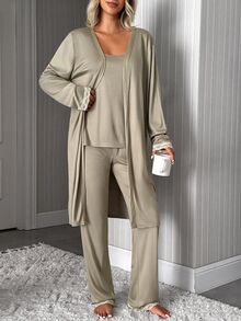SHEIN Women's Solid Cami Top, Lace Trim Straight Leg Pants And Matching Robe 3 PiecesCasual Pajama Set - Olive Green - View 3