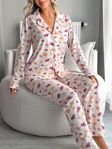 SHEIN Women Safari Animal Print Button Front Long Sleeve Top And Straight Leg Pants 2 Pieces Casual Pajama Set - Multicolor - View 5