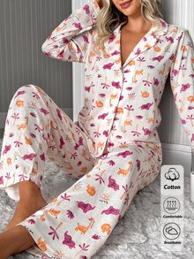 SHEIN Women Safari Animal Print Button Front Long Sleeve Top And Straight Leg Pants 2 Pieces Casual Pajama Set - Multicolor - View 8