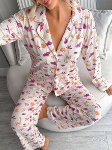 SHEIN Women Safari Animal Print Button Front Long Sleeve Top And Straight Leg Pants 2 Pieces Casual Pajama Set - Multicolor - View 6