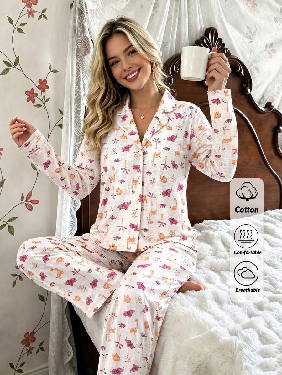 SHEIN Women Safari Animal Print Button Front Long Sleeve Top And Straight Leg Pants 2 Pieces Casual Pajama Set - Multicolor - View 1