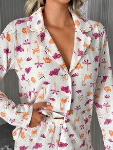 SHEIN Women Safari Animal Print Button Front Long Sleeve Top And Straight Leg Pants 2 Pieces Casual Pajama Set - Multicolor - View 4