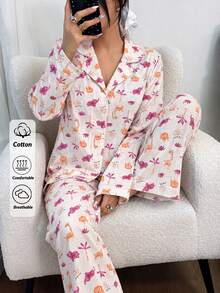 SHEIN Women Safari Animal Print Button Front Long Sleeve Top And Straight Leg Pants 2 Pieces Casual Pajama Set - Multicolor - View 9