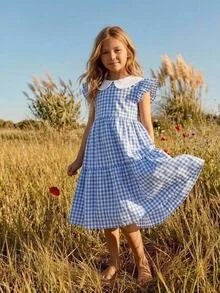Joliand Joliand 这款少女休闲日常百搭舒适宽松拼接撞色蓝色格子A字连衣裙，柔软公主风，适合母亲节、派对、聚会、姐妹装、返校日常穿着。 - 藍色 - 查看 5