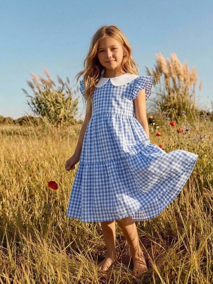 Joliand Joliand Young Girl Blue Plaid A-Line Dress,Summer Princess Birthday Back-To-School Daily Wear,Casual Loose Patchwork Contrast Color Flared Dress For Party - Blue - View 5