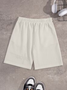SHEIN Cottnline 100%Cotton Men's Texture Fabric Letter Embroidery Drawstring Waist Shorts - White - View 2