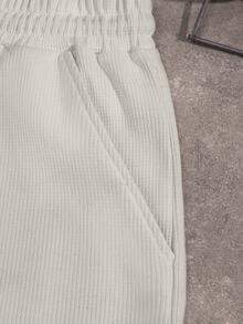 SHEIN Cottnline 100%Cotton Men's Texture Fabric Letter Embroidery Drawstring Waist Shorts - White - View 5