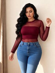 Elenzga Plus Size Classic Versatile Black Sexy Round Neck Long Sleeve Mesh T-Shirt Fall - Burgundy - View 6