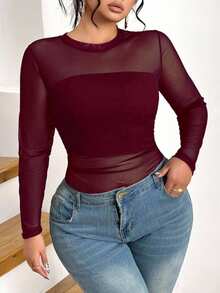 Elenzga Plus Size Classic Versatile Black Sexy Round Neck Long Sleeve Mesh T-Shirt Fall - Burgundy - View 5