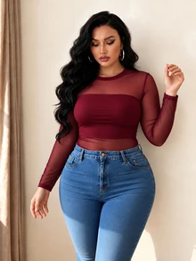 Elenzga Plus Size Classic Versatile Black Sexy Round Neck Long Sleeve Mesh T-Shirt Fall - Burgundy - View 1