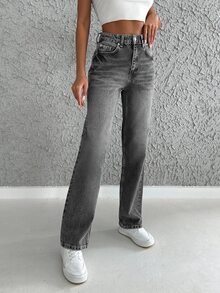 SHEIN Cottnline 100%Cotton High Waist Straight Leg Jeans - Dark Grey - View 4