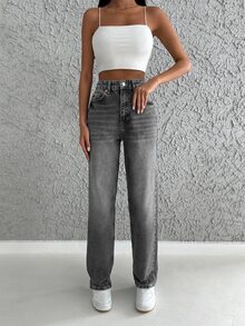 SHEIN Cottnline 100%Cotton High Waist Straight Leg Jeans - Dark Grey - View 5