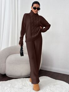 EURMUSE 2 Pieces Set: Ribbed Turtleneck Sweater And Knit Pants Everyday Travel Dark Brown Fall Casual - Brown - View 7