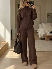 EURMUSE 2 Pieces Set: Ribbed Turtleneck Sweater And Knit Pants Everyday Travel Dark Brown Fall Casual - Brown - View 2