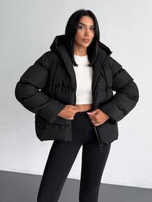 EURMUSE Solid Color, Zip Up, Hooded Winter Coat Travel Everyday Black Casual - Black - View 5