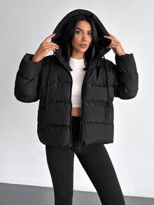 EURMUSE Solid Color, Zip Up, Hooded Winter Coat Travel Everyday Black Casual - Black - View 8