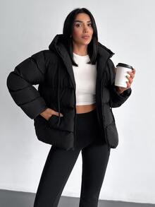 EURMUSE Solid Color, Zip Up, Hooded Winter Coat Travel Everyday Black Casual - Black - View 9