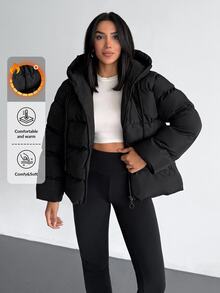 EURMUSE Solid Color, Zip Up, Hooded Winter Coat Travel Everyday Black Casual - Black - View 4