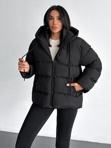 EURMUSE Solid Color, Zip Up, Hooded Winter Coat Travel Everyday Black Casual - Black - View 7