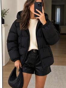 EURMUSE Solid Color, Zip Up, Hooded Winter Coat Travel Everyday Black Casual - Black - View 2