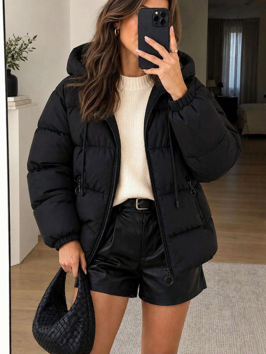 EURMUSE Solid Color, Zip Up, Hooded Winter Coat Travel Everyday Black Casual
