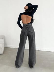 SHEIN Cottnline بنطال جينز أزرق عريض الساق وطويل الذيل، ذو خصر مرتفع - 716 جرام - الأسود - مشاهدة 2