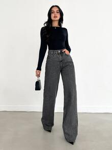 SHEIN Cottnline بنطال جينز أزرق عريض الساق وطويل الذيل، ذو خصر مرتفع - 716 جرام - الأسود - مشاهدة 5