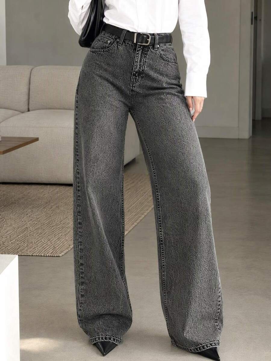 SHEIN Cottnline بنطال جينز أزرق عريض الساق وطويل الذيل، ذو خصر مرتفع - 716 جرام - الأسود - مشاهدة 1