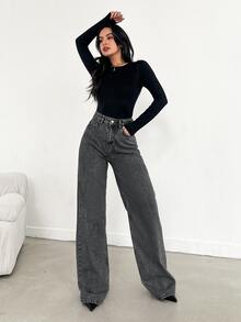 SHEIN Cottnline بنطال جينز أزرق عريض الساق وطويل الذيل، ذو خصر مرتفع - 716 جرام - الأسود - مشاهدة 7