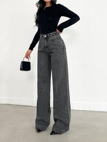 SHEIN Cottnline بنطال جينز أزرق عريض الساق وطويل الذيل، ذو خصر مرتفع - 716 جرام - الأسود - مشاهدة 3