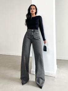 SHEIN Cottnline بنطال جينز أزرق عريض الساق وطويل الذيل، ذو خصر مرتفع - 716 جرام - الأسود - مشاهدة 4
