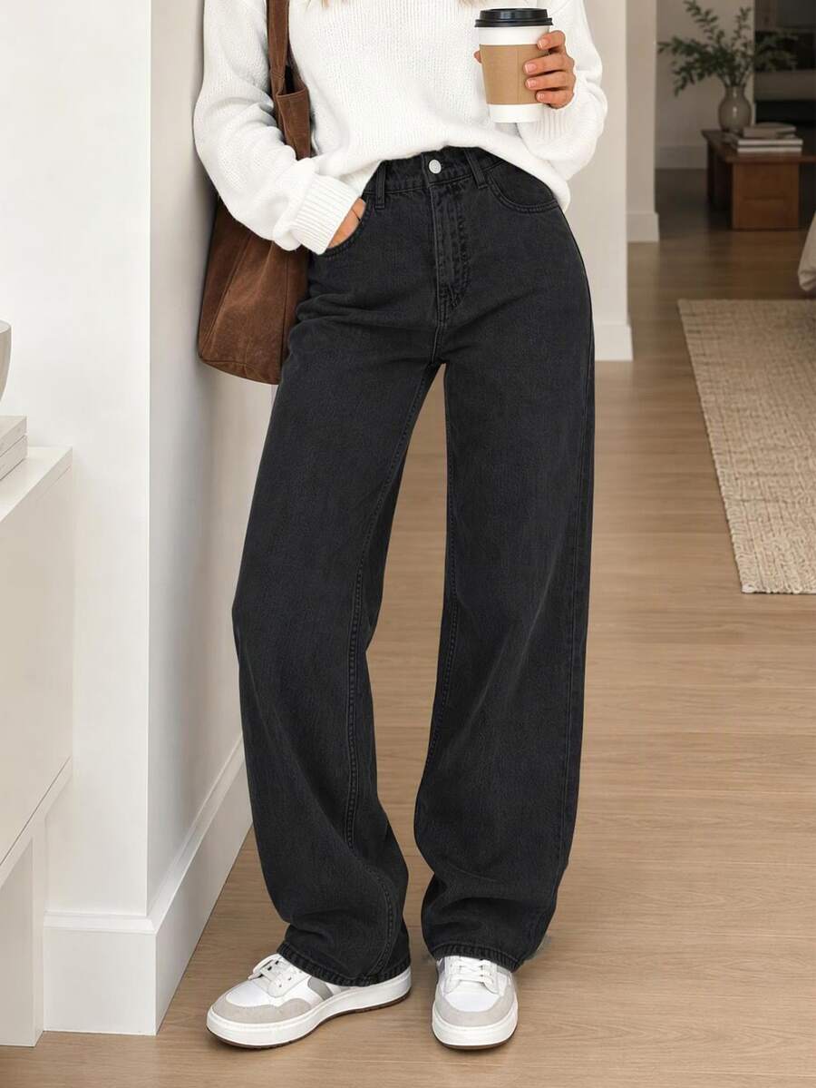 cottnline 100%Cotton Women's Slant Pocket Casual Straight Leg Jeans