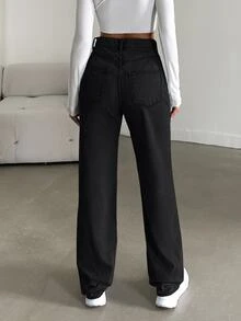 cottnline 100%Cotton Women's Slant Pocket Casual Straight Leg Jeans - Black - View 3