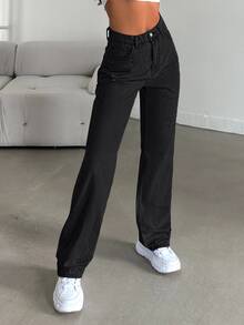 cottnline 100%Cotton Women's Slant Pocket Casual Straight Leg Jeans - Black - View 7