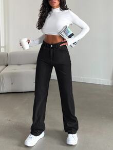 cottnline 100%Cotton Women's Slant Pocket Casual Straight Leg Jeans - Black - View 5