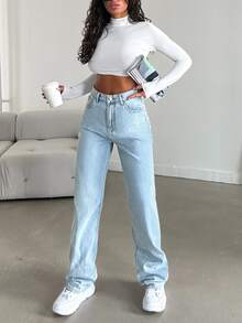 SHEIN Cottnline بنطلون جينز قطن 100% ذو جيوب مائلة وساق مستقيمة - أزرق فاتح - مشاهدة 5