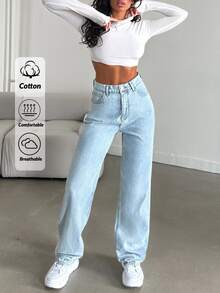 SHEIN Cottnline بنطلون جينز قطن 100% ذو جيوب مائلة وساق مستقيمة - أزرق فاتح - مشاهدة 2