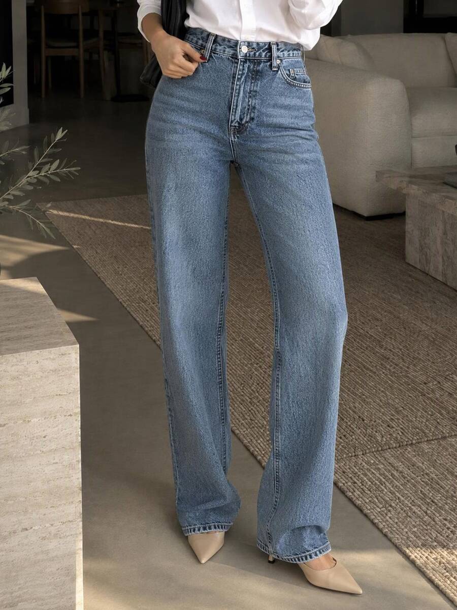 cottnline جينز قطني مرتفع الخصر 100٪ ذو ساق مستقيمة عادي - أزرق فاتح - مشاهدة 1