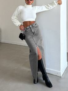 SHEIN Cottnline Women's Front Slit Long Denim Skirt - Grey - View 8