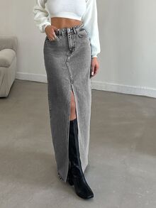 SHEIN Cottnline Women's Front Slit Long Denim Skirt - Grey - View 4