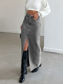 SHEIN Cottnline Women's Front Slit Long Denim Skirt - Grey - View 6