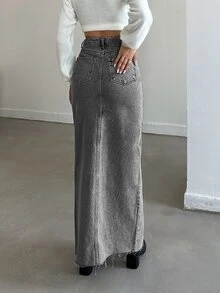 SHEIN Cottnline Women's Front Slit Long Denim Skirt - Grey - View 2