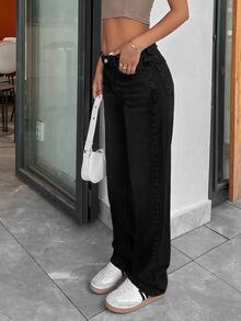 cottnline LOW RISE CROPPED STRAIGHT CUT WOMEN JEAN Everyday All Black Summer Casual Streetwear - Black - View 5