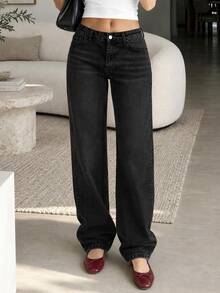 cottnline LOW RISE CROPPED STRAIGHT CUT WOMEN JEAN Everyday All Black Summer Casual Streetwear - Black - View 1