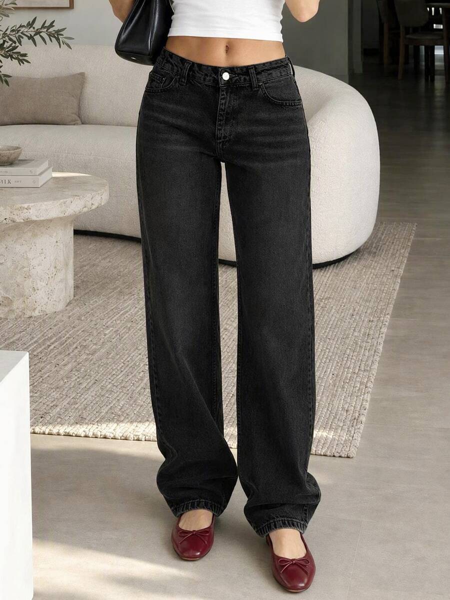 cottnline LOW RISE CROPPED STRAIGHT CUT WOMEN JEAN Everyday All Black Summer Casual Streetwear - Black - View 1