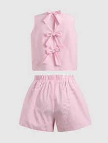 Joliand Joliand Tween Girls Striped Summer Cute Vacation Pastel Pink Butterfly Back Tank Top & Shorts Co-Ord Set,Mommy And Me Textured Frill 2-Piece Matching Outfit - Pink - View 6